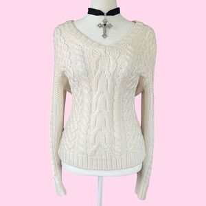 White Cable Knit V-Neck Sweater